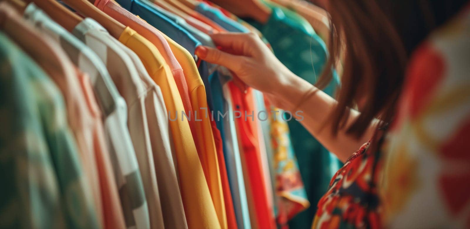 A woman looking at a rack of colorful shirts on hangers, AI by starush