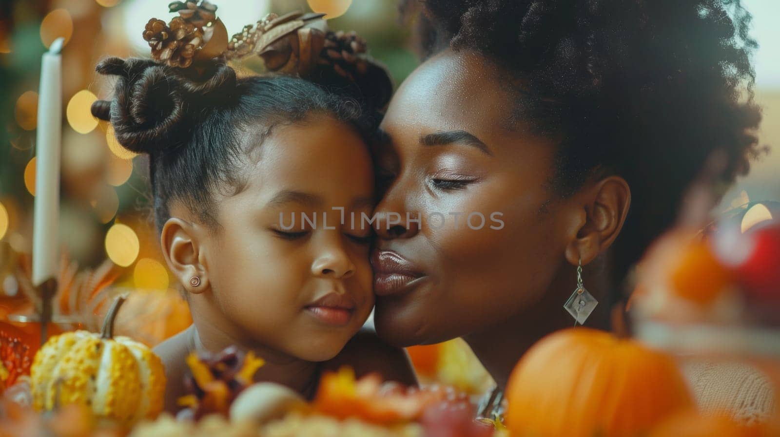 A woman and child kissing each other in front of a table full of fall decorations