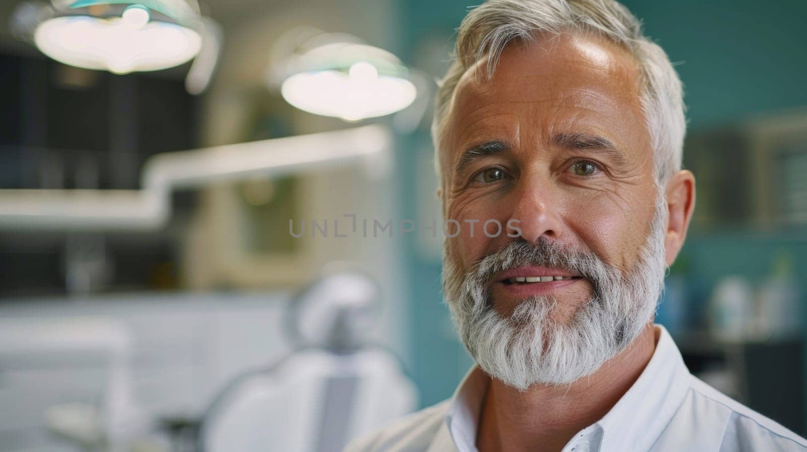 A man with a white beard and mustache in the dentist's office