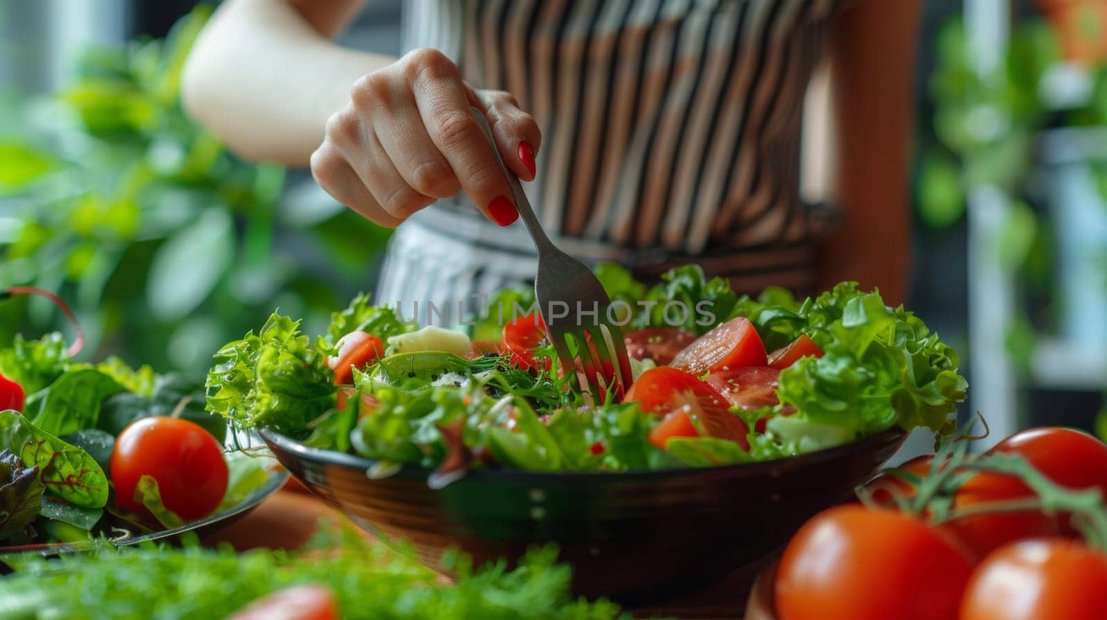 A woman is cutting a salad with fork in bowl of vegetables, AI by starush