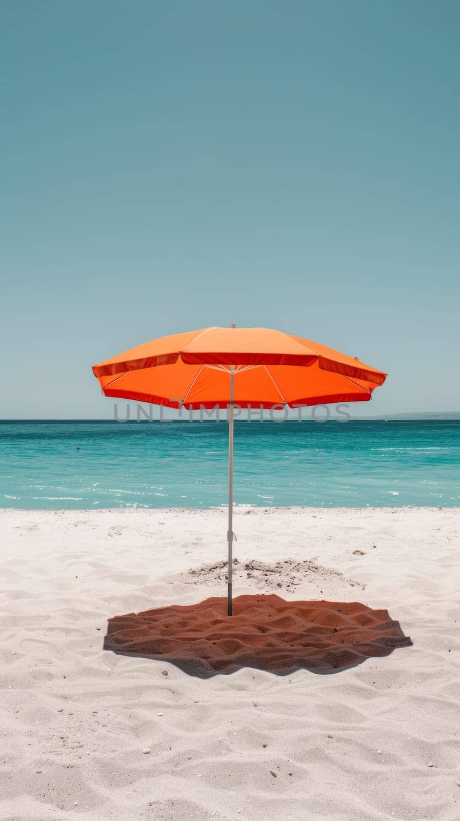 A large orange umbrella on a sandy beach near the ocean, AI by starush