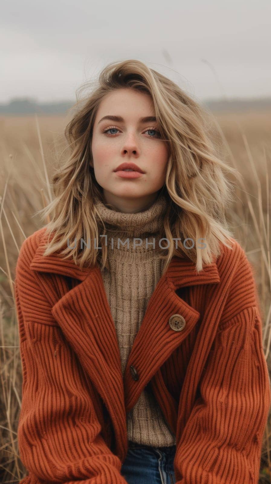 A woman in a brown sweater sitting on the ground