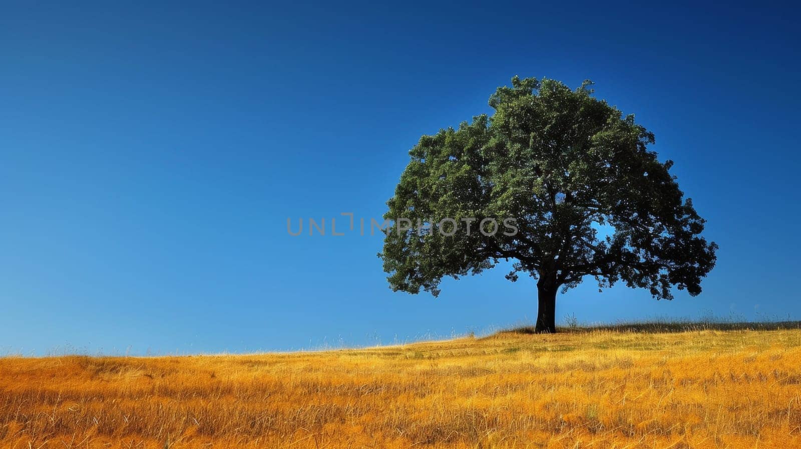 A lone tree in a field with grass and sky behind it, AI by starush