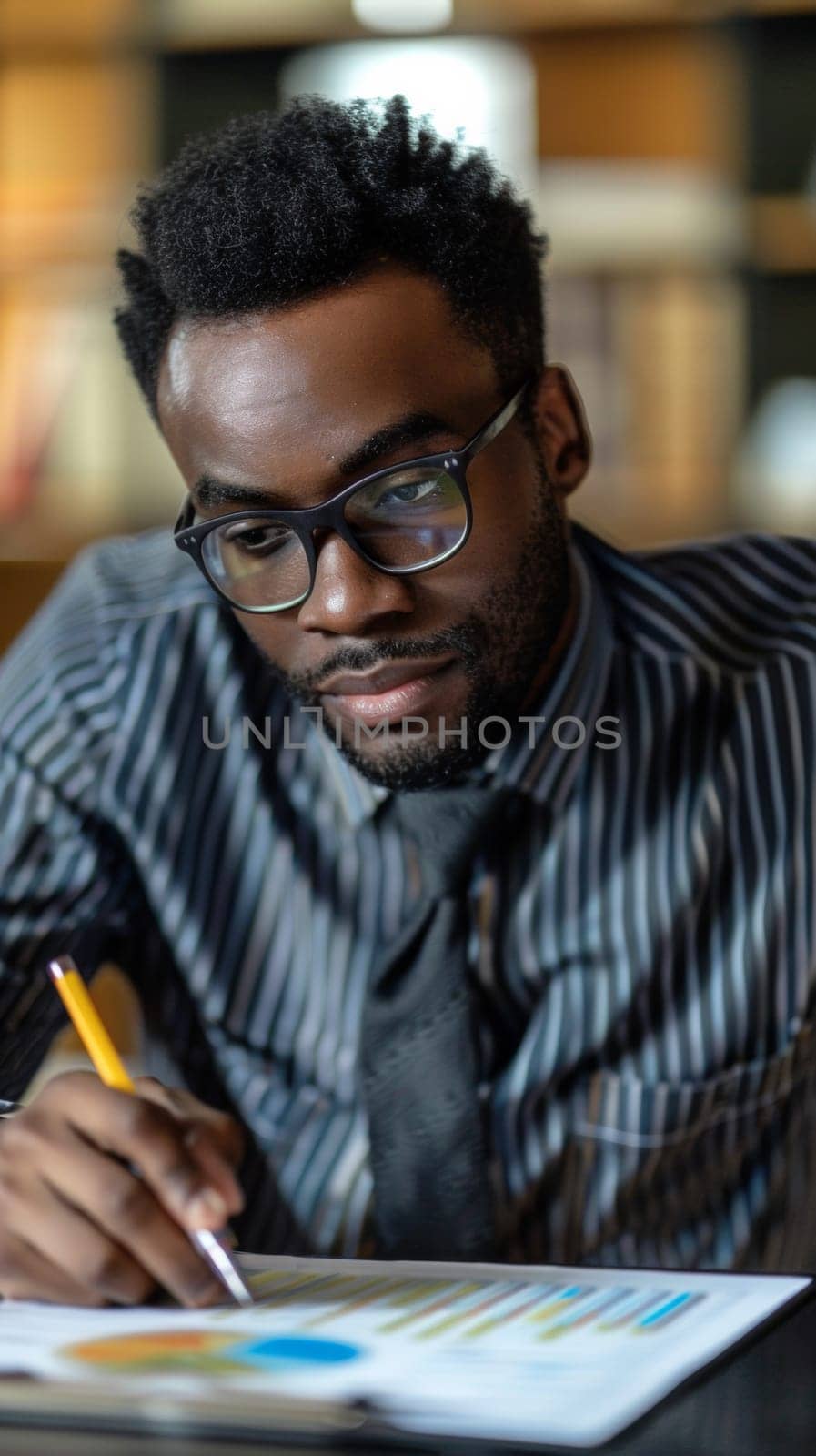 A man in a tie and glasses looking at paperwork, AI by starush