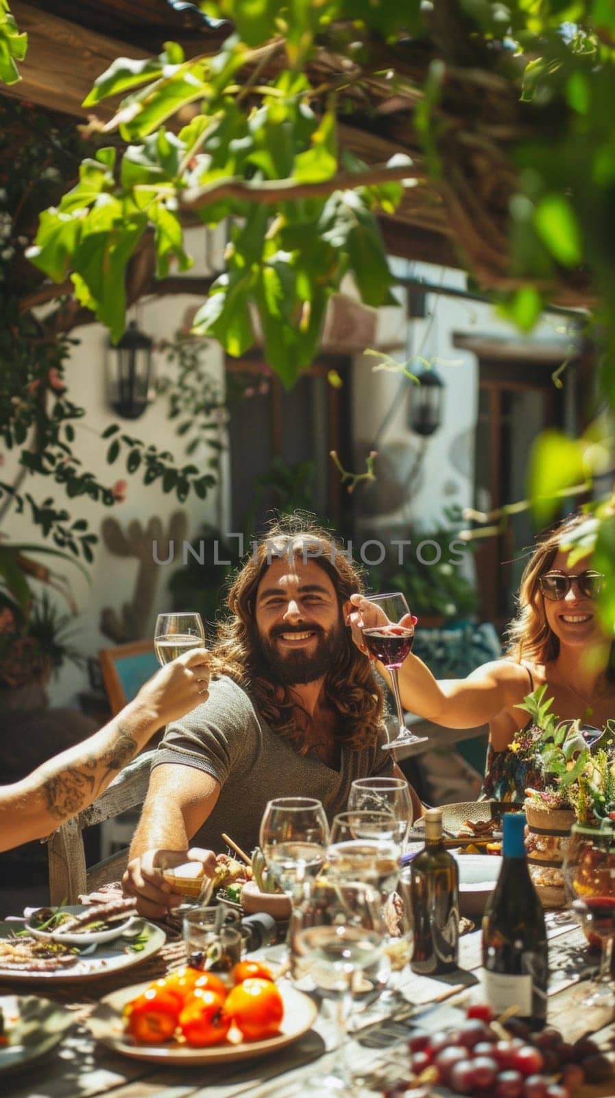 A group of people sitting at a table with wine glasses