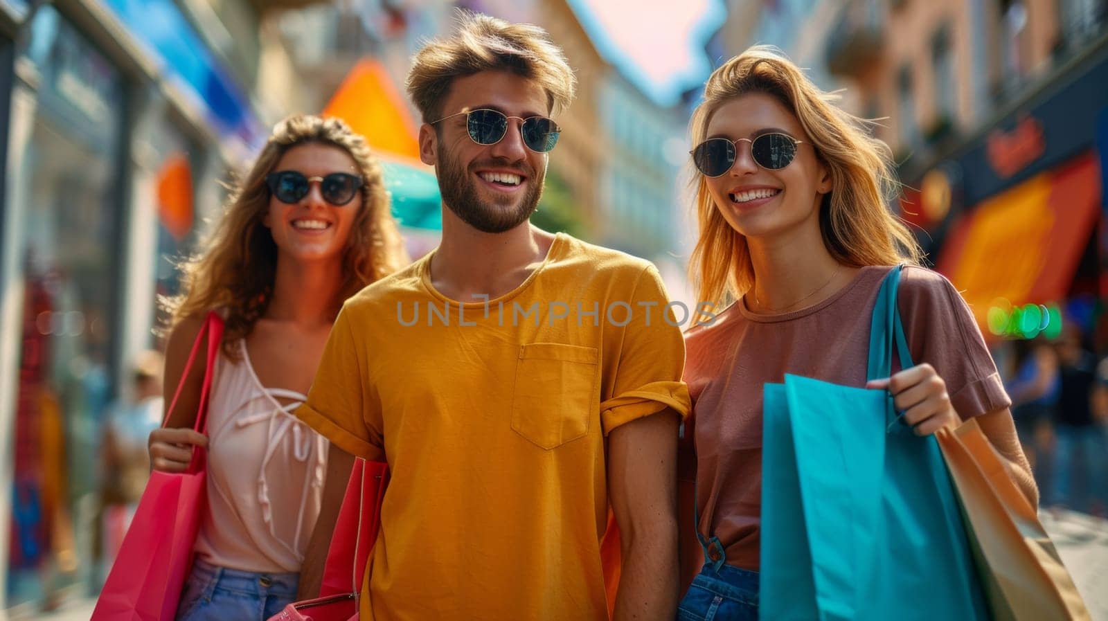 Three people standing in a street with shopping bags, AI by starush