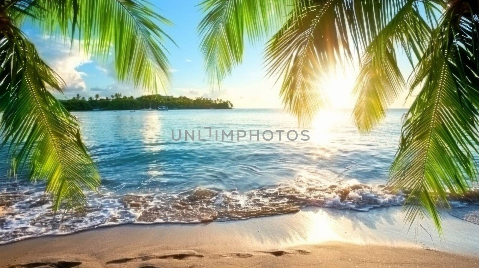 A beach with palm trees and water in the background, AI by starush