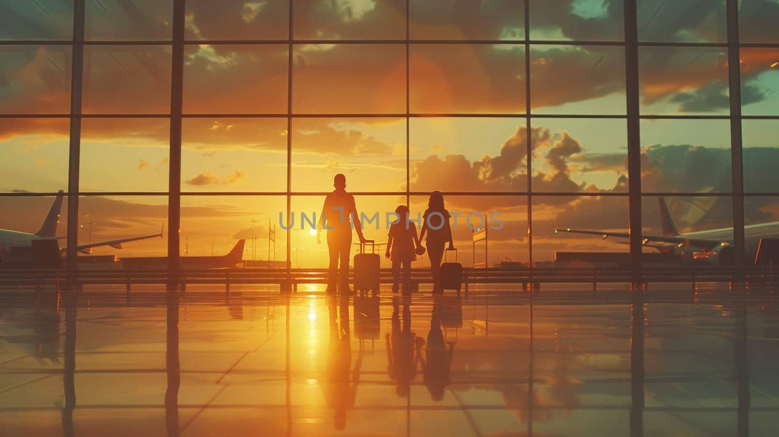 A family of three people with luggage walking through an airport