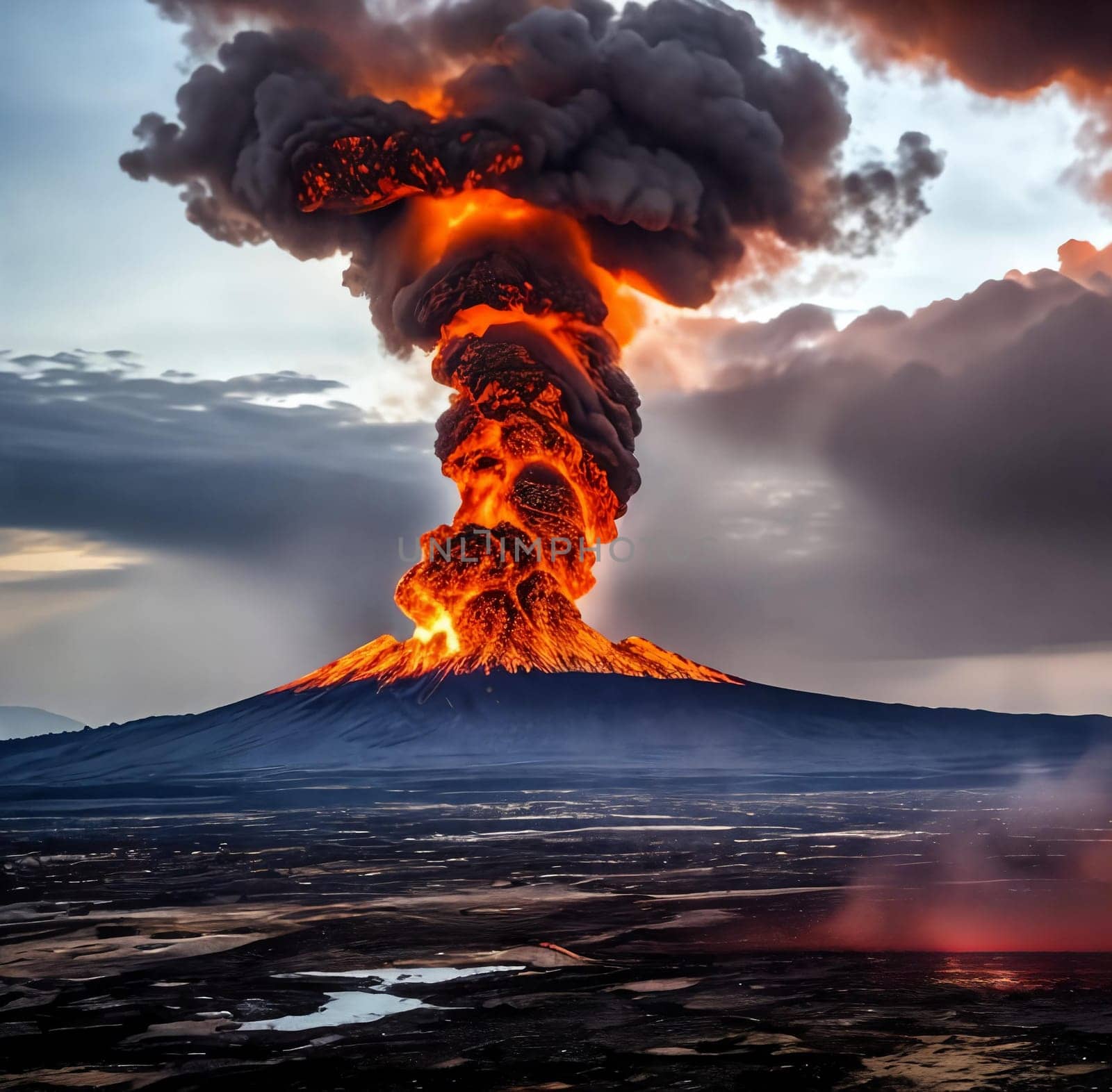 The dramatic eruption of a volcano, emphasizing the fiery lava spewing from the crater and the ash cloud billowing into the sky, showcasing the volatile beauty of nature's fury. Panorama