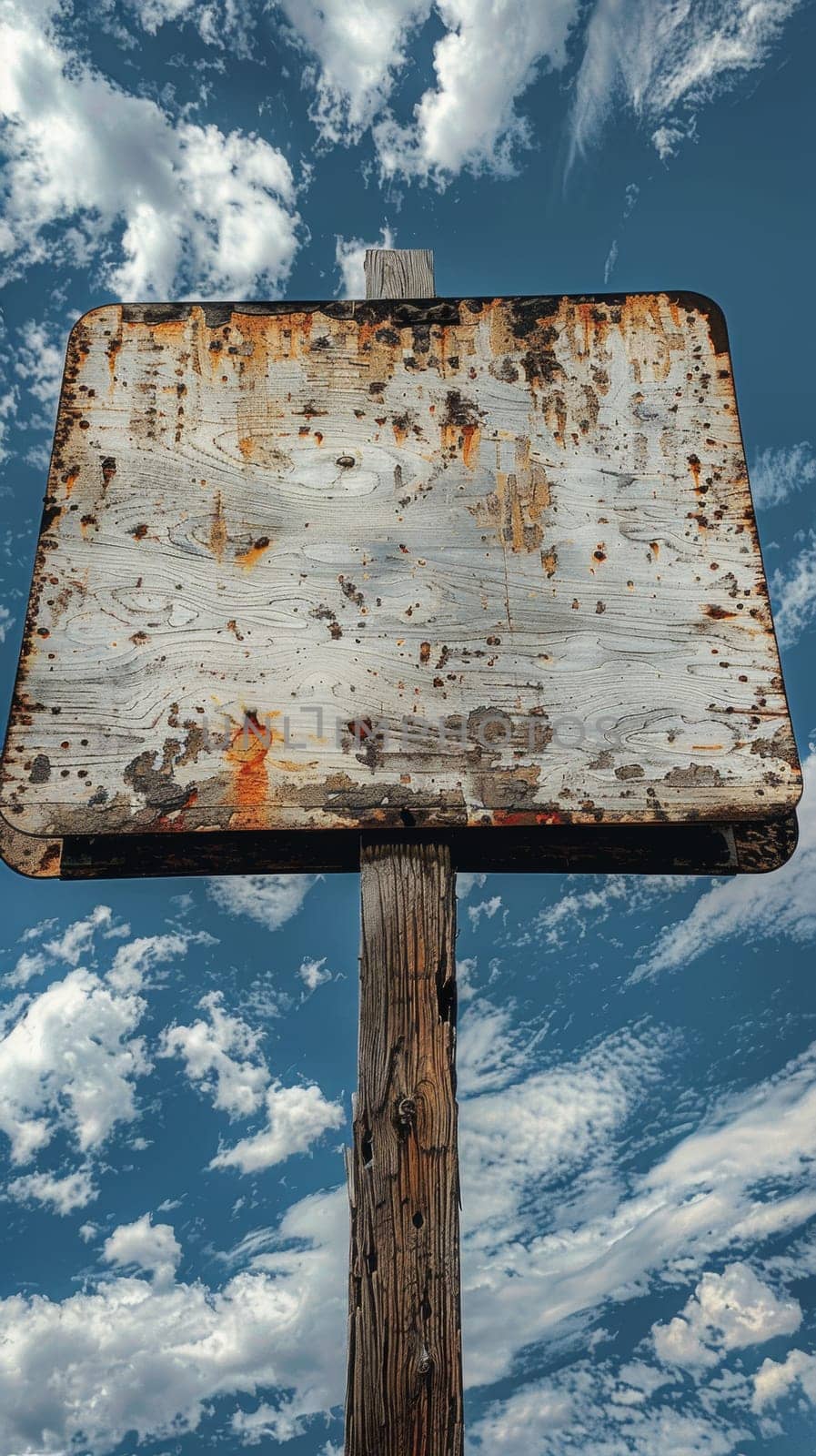 A rusted sign on a wooden post against the blue sky