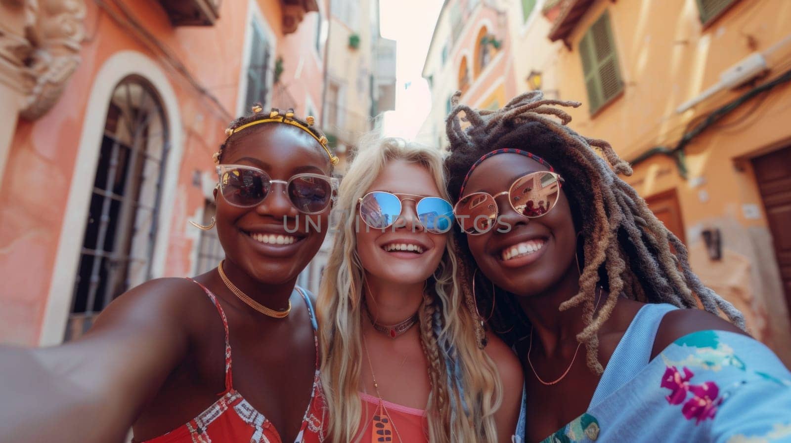 Three women are taking a selfie together in the street