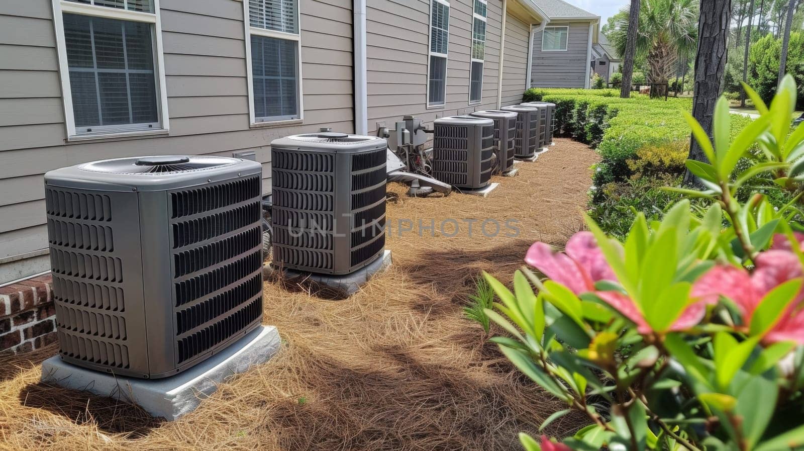 A row of air conditioners outside a house with flowers