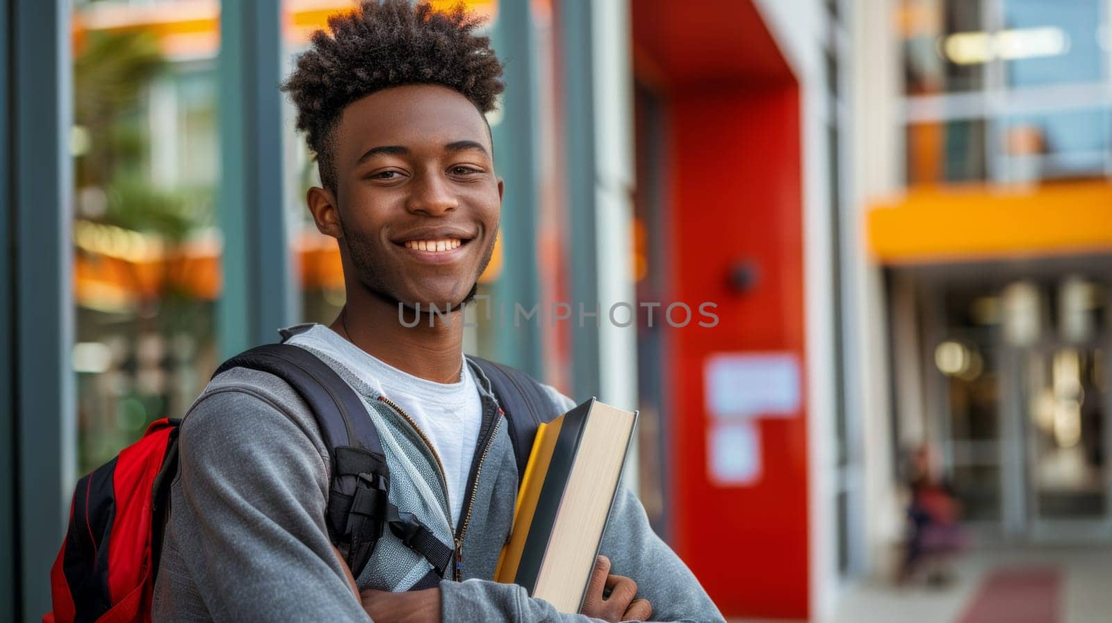 A young man with backpack and books smiling for the camera