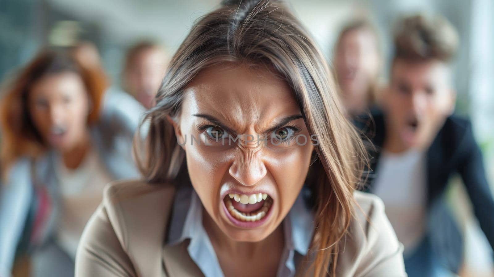 A woman with a serious expression in front of other people