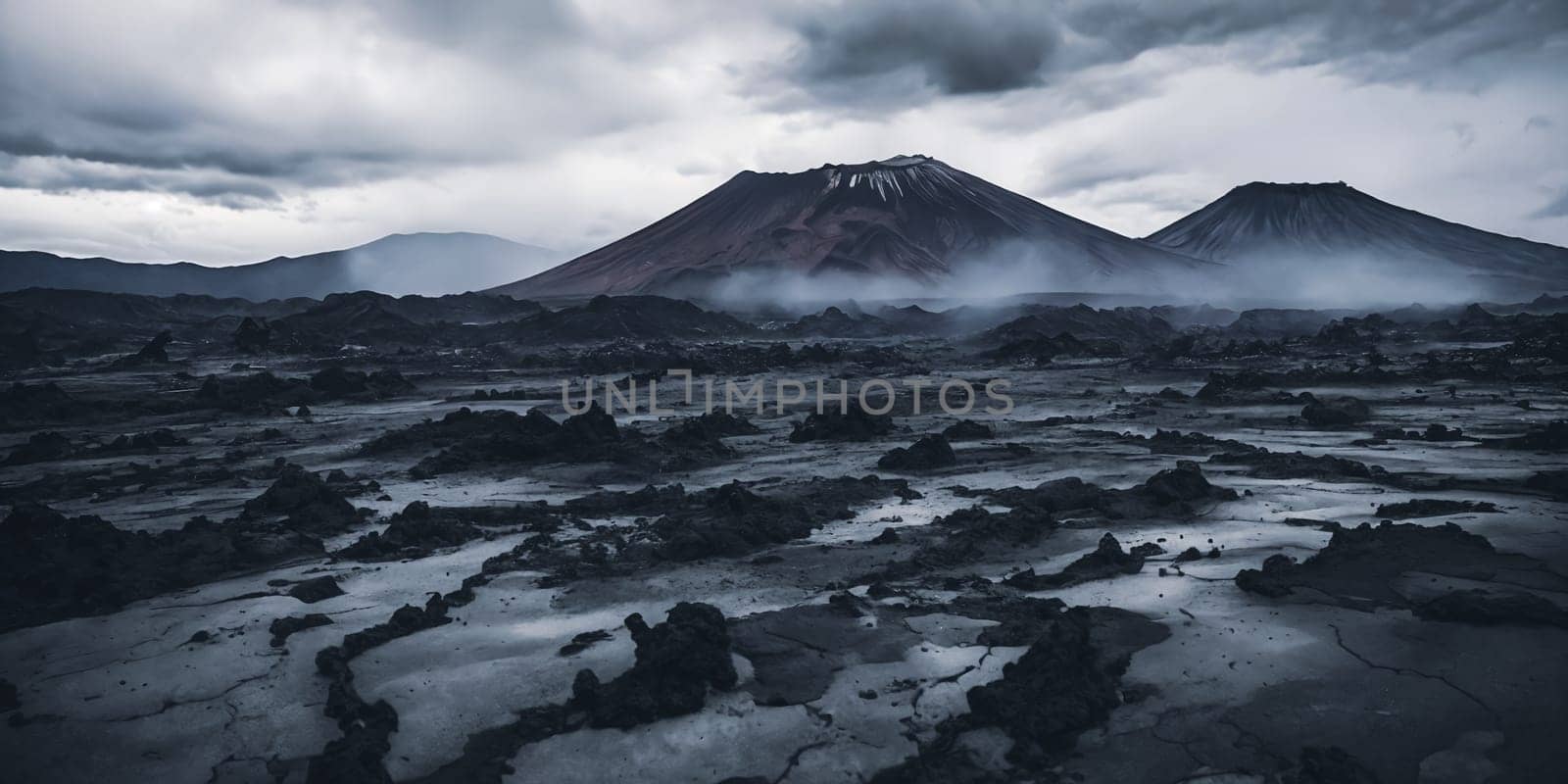 The aftermath of a volcanic eruption with layers of ash covering the surrounding landscape by GoodOlga