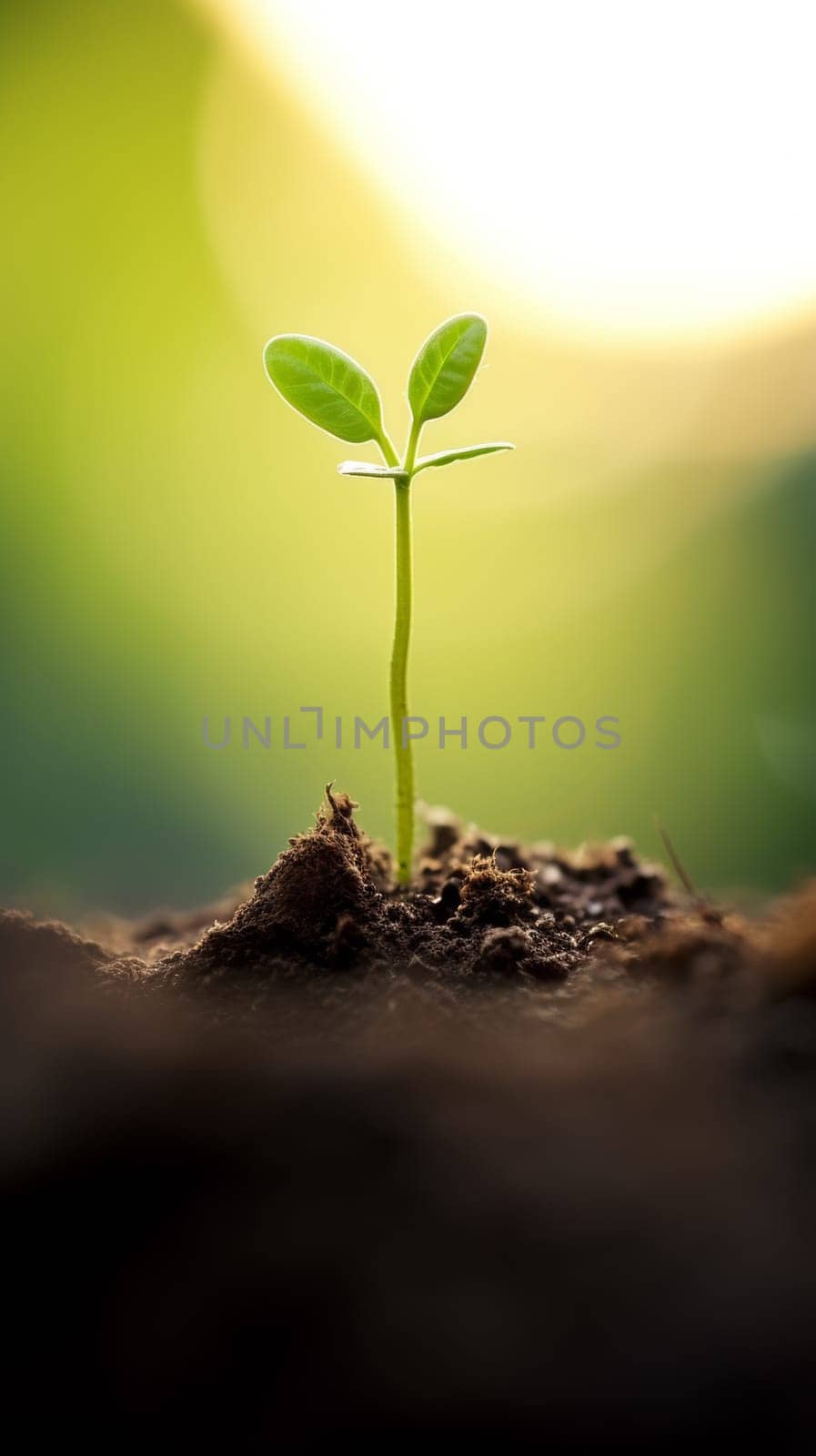 A small plant sprouting from the ground with a bright sun in front of it, AI by starush