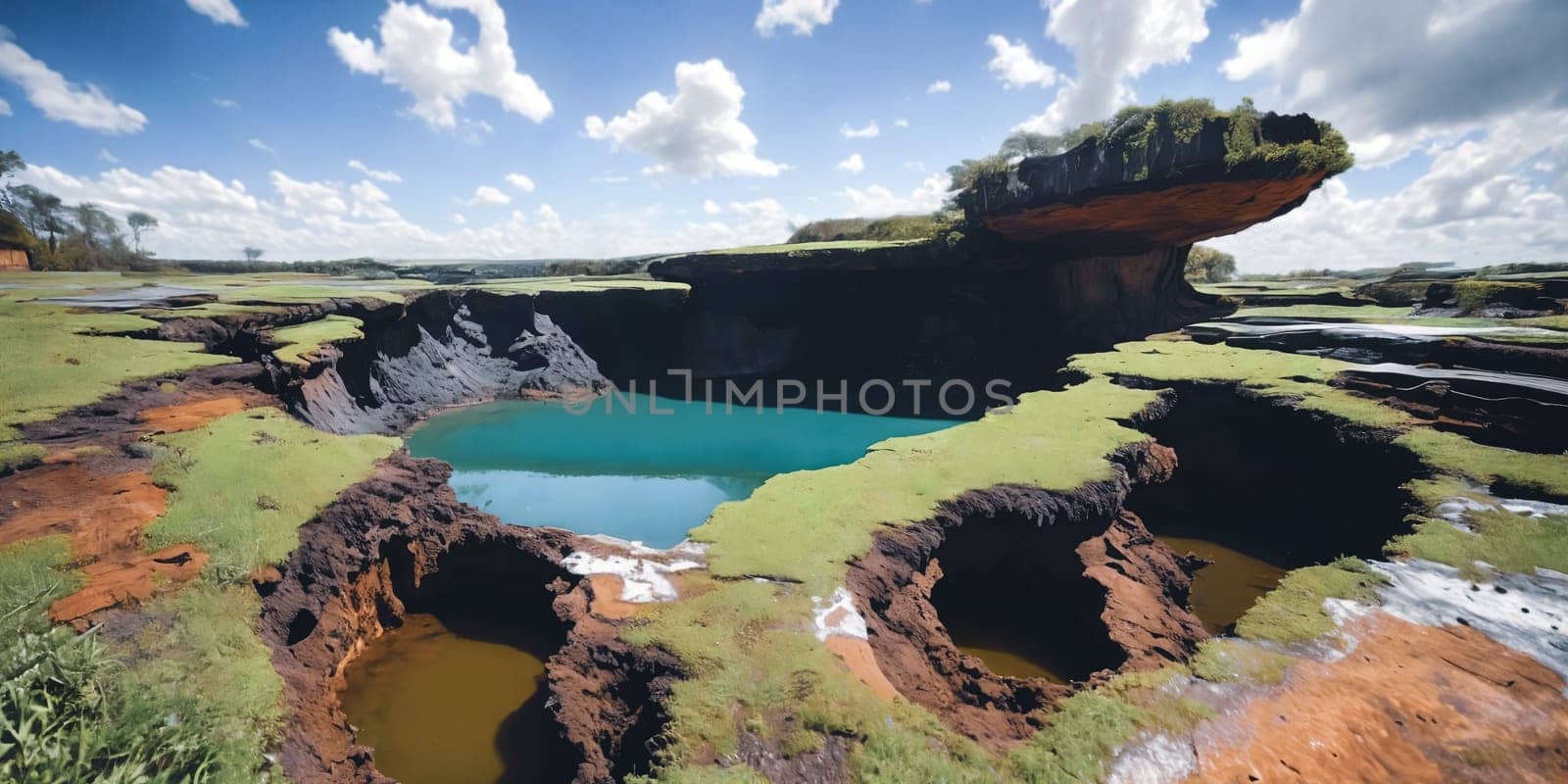 The surreal sight of a sinkhole swallowing up a section of land, showcasing the sudden and dramatic geological event with a focus on the gaping hole and crumbling surroundings. Panorama