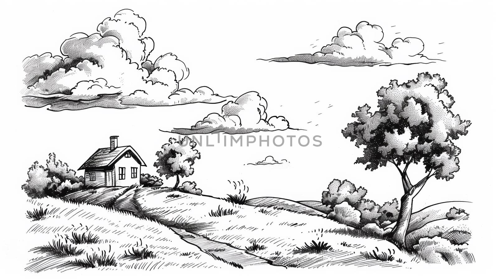 A drawing of a house on the hill with clouds in the sky
