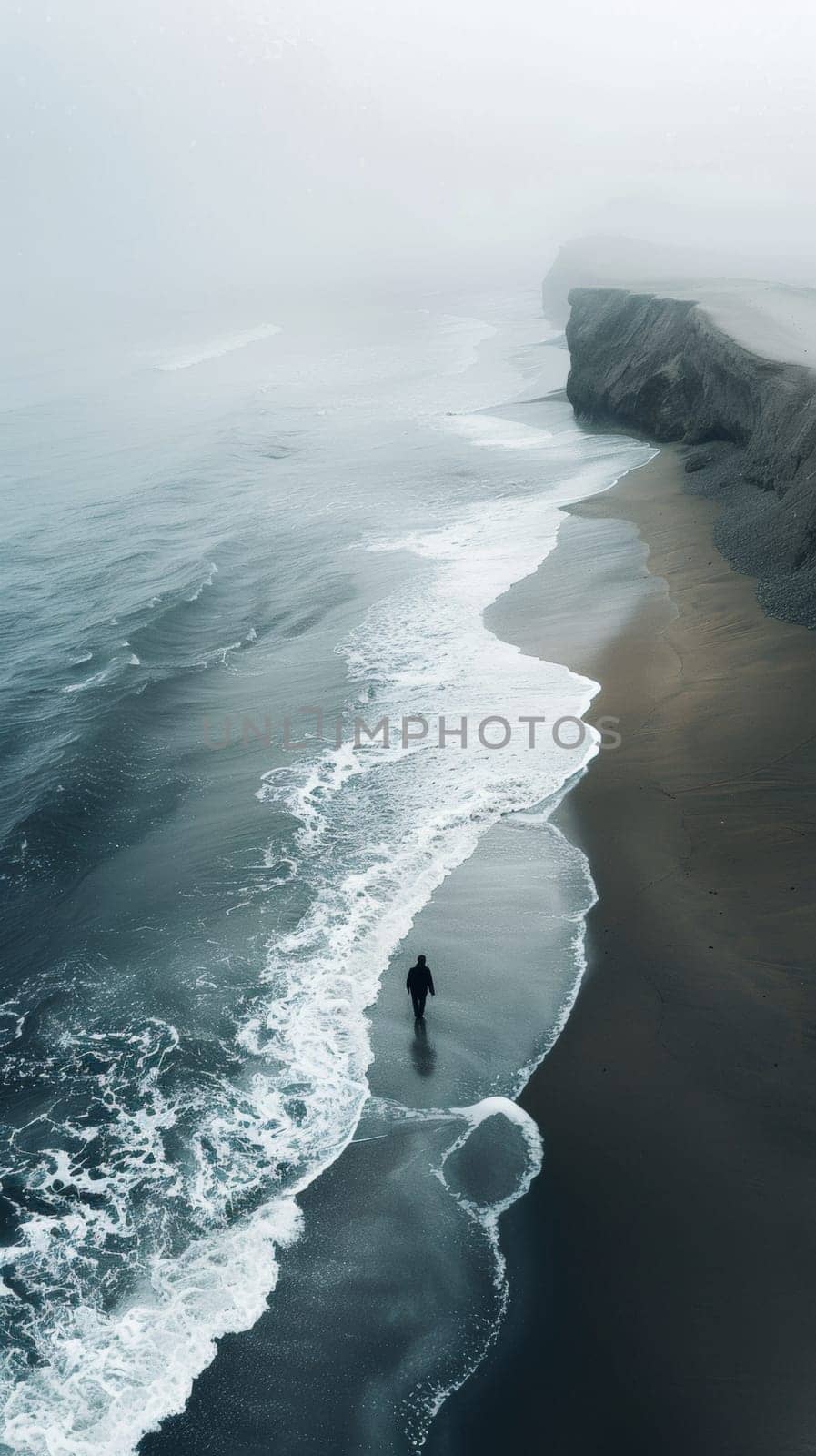 A person walking along the beach with a surfboard in hand, AI by starush