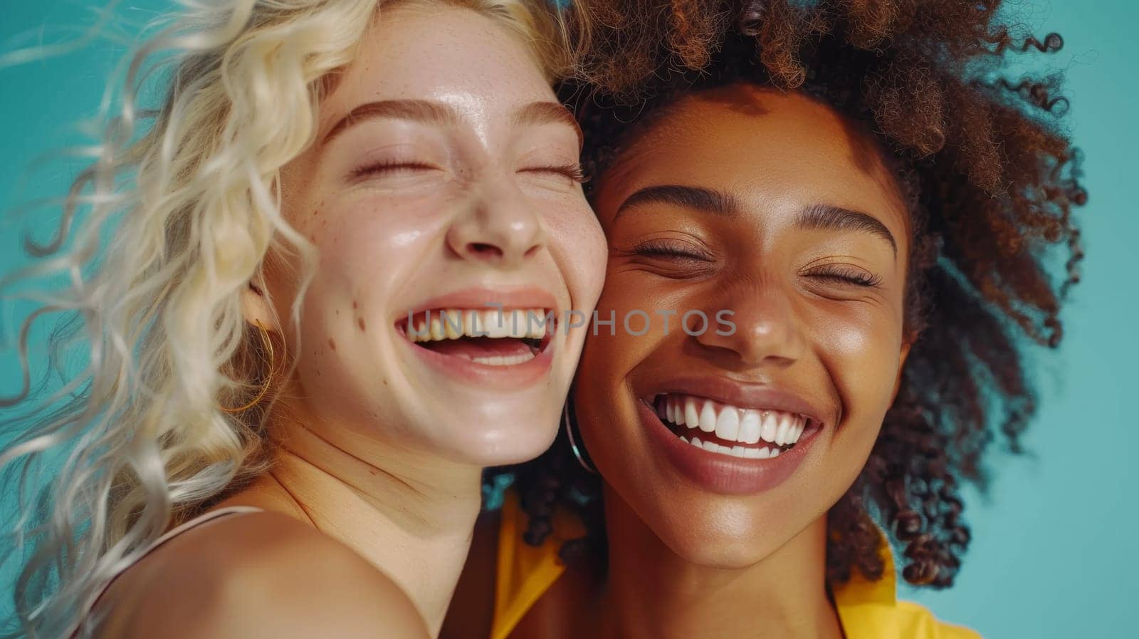 Two women are smiling and laughing while one has her eyes closed, AI by starush