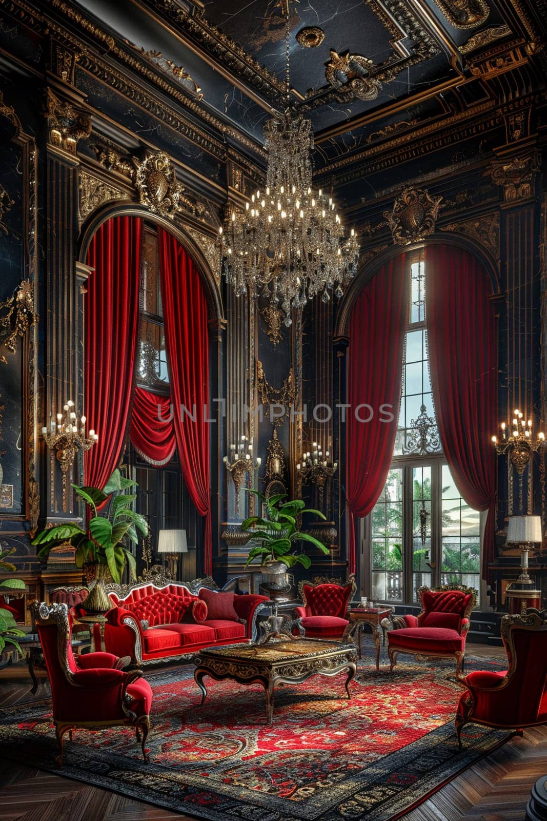 Elegant opera house lounge with red velvet drapes and antique furniture.3D render by Benzoix