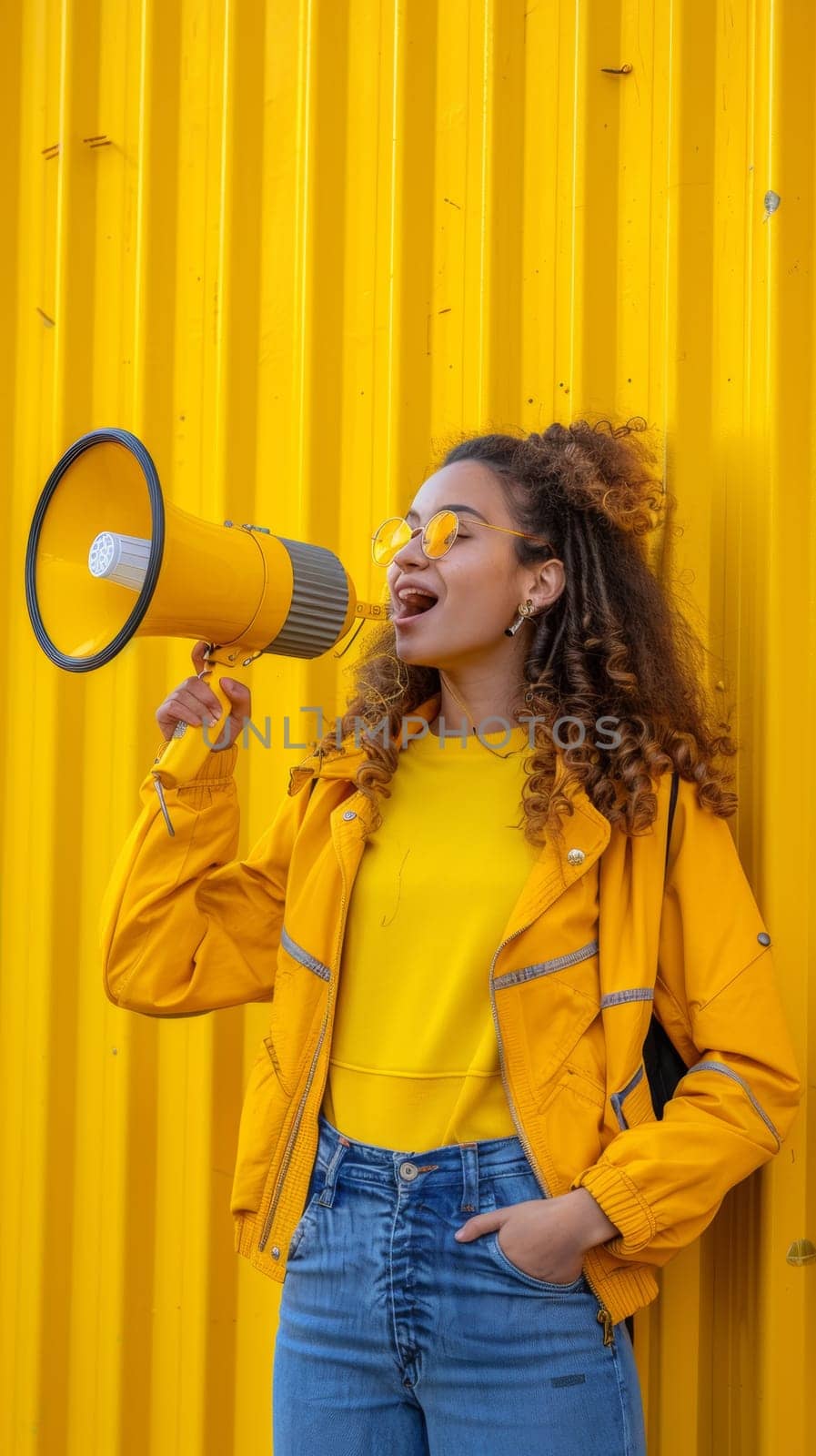 A woman in yellow jacket and jeans holding a megaphone