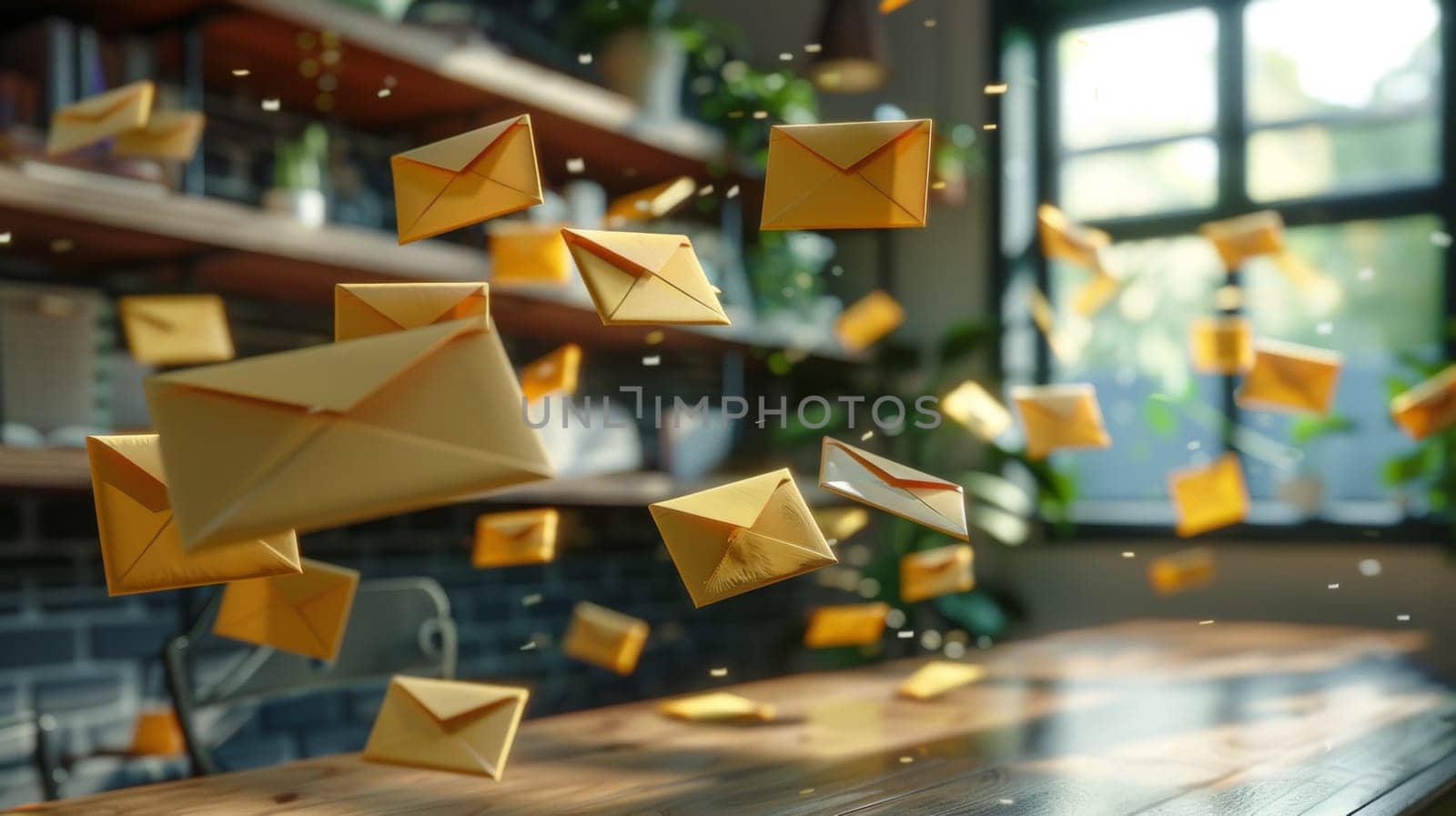 A bunch of yellow envelopes are flying out from a table