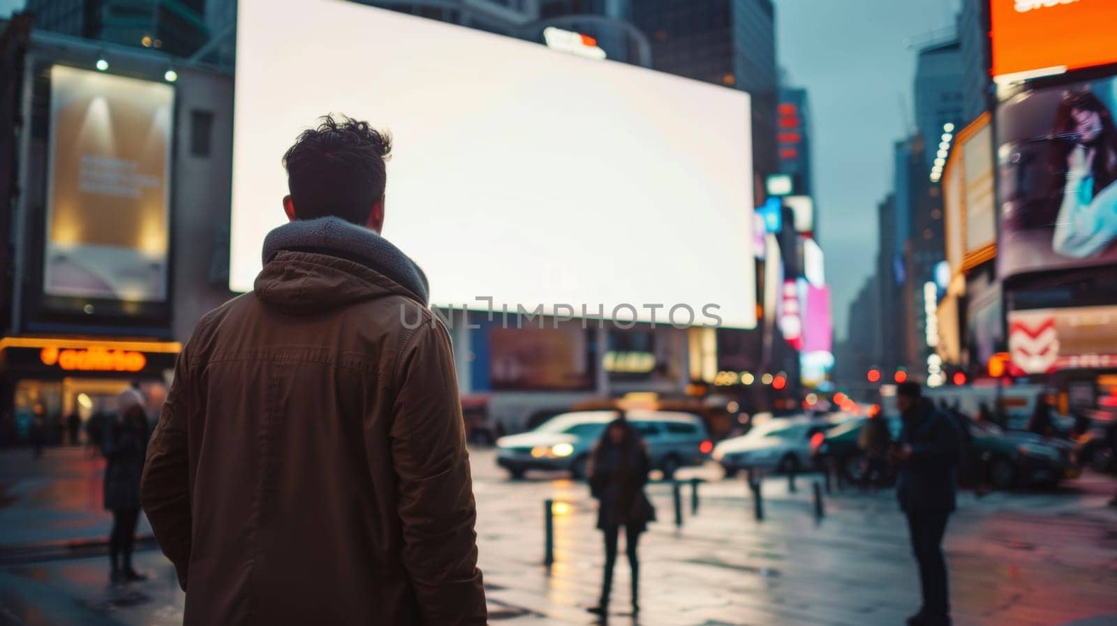 A man standing in the middle of a busy city street