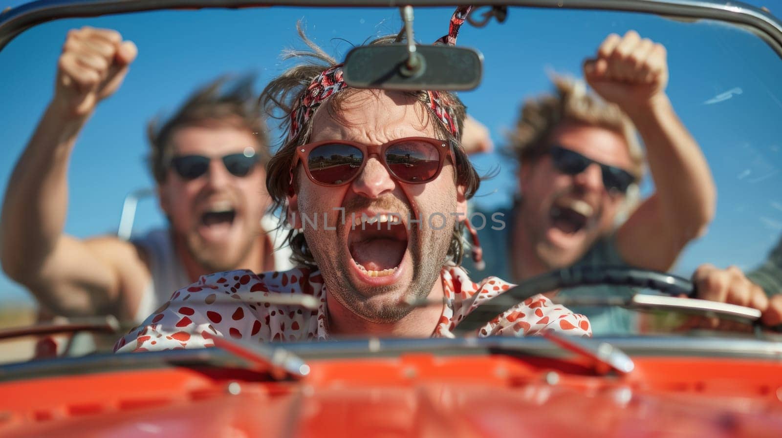 A group of three men in sunglasses are driving a car