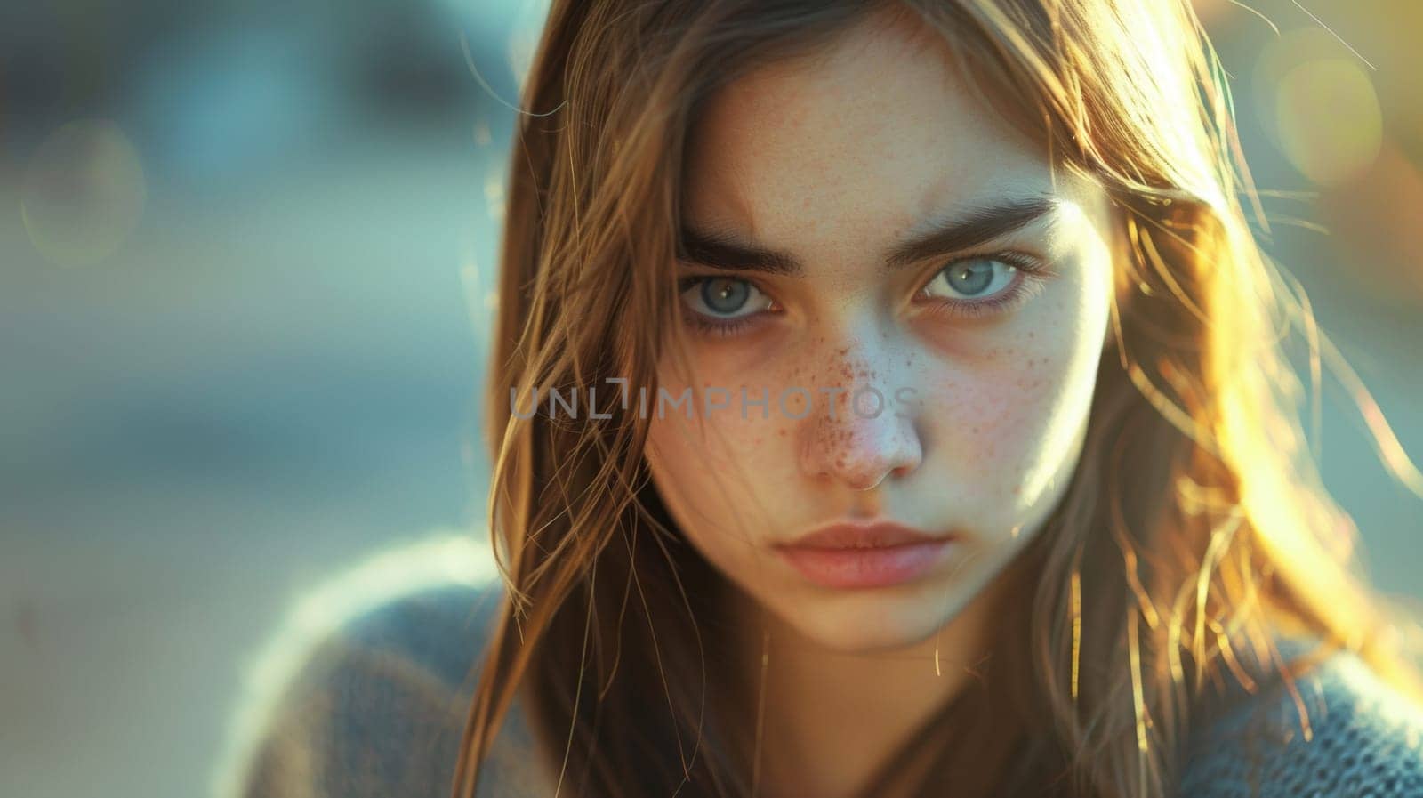 A close up of a woman with freckles and brown hair, AI by starush