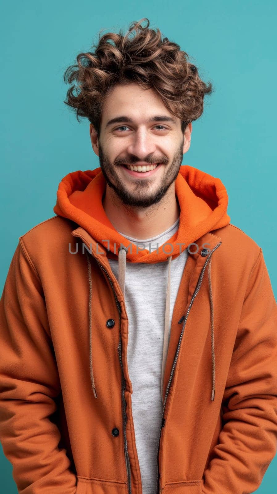 A man in a brown jacket smiling with his hands on the sides of his head