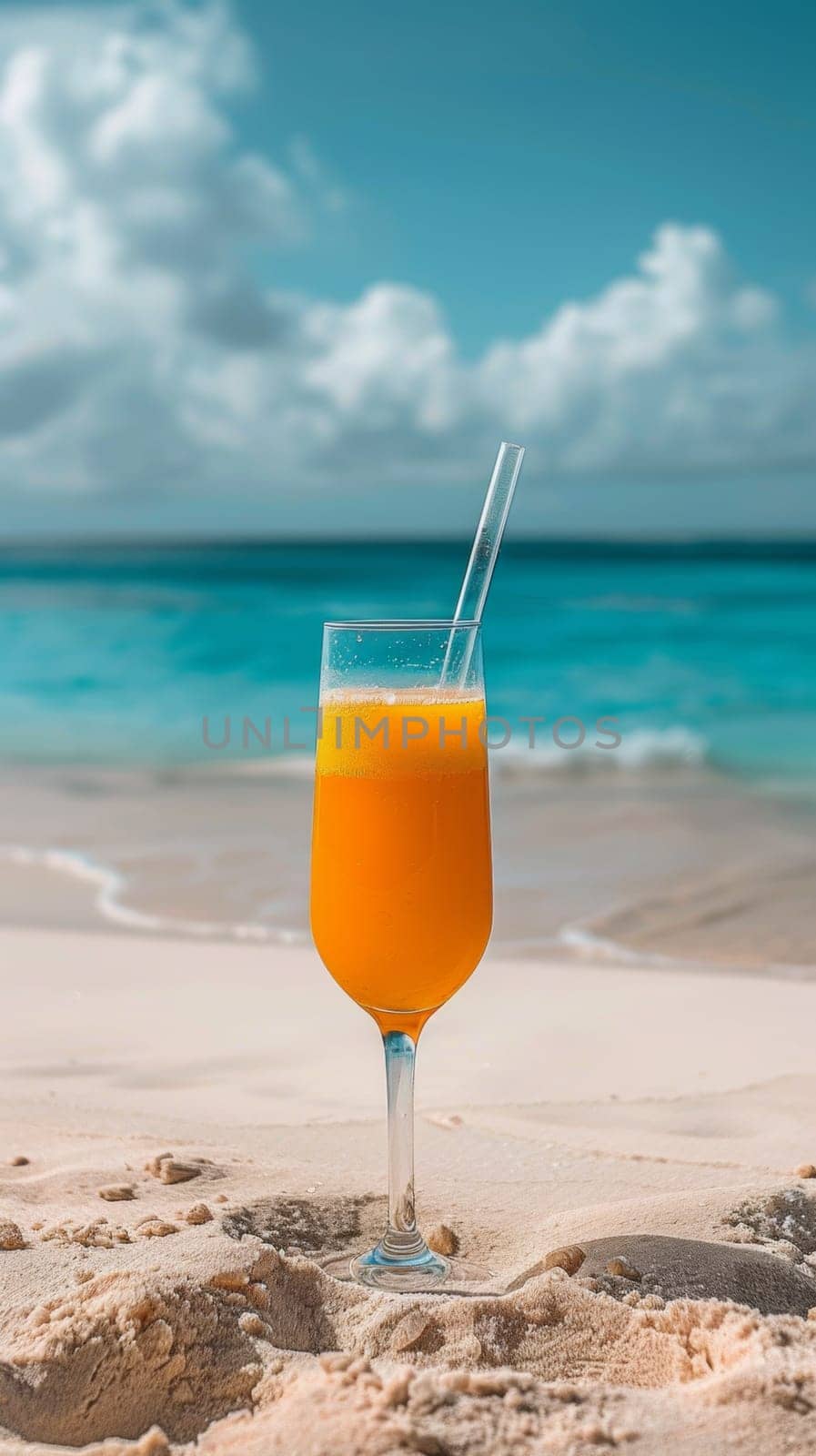 A glass of a drink sitting on the beach with sand