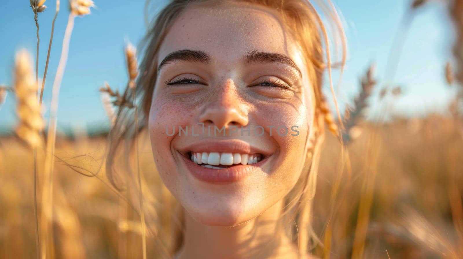A woman smiling in a field of tall grasses, AI by starush