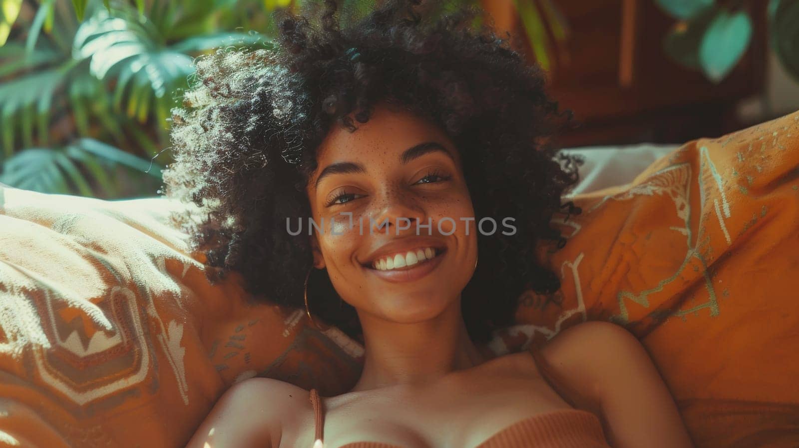 A woman with curly hair laying on a bed smiling, AI by starush