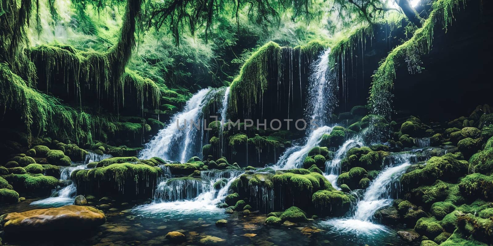Enchanted Waterfall. A waterfall cascades down moss-covered rocks, revealing a secret grotto behind its veil. Crystal-clear water sparkles with hints of magic, and colorful flowers bloom along the banks.
