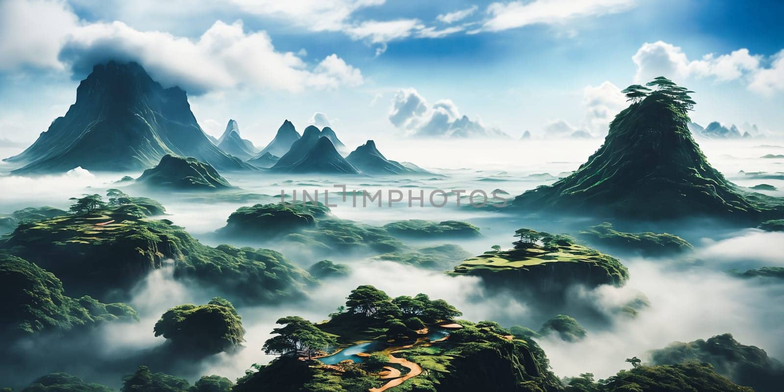 Floating Isles. Above a sea of clouds, islands drift like dreamscapes. Each is a miniature world, lush forests, waterfalls, and floating gardens. The sky holds its breath, and rainbows weave through the mist.