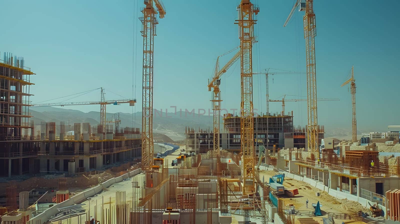 A construction site in the city skyline filled with cranes and buildings under construction. The engineering marvel showcases various vehicles and poles, resembling a naval architecture event