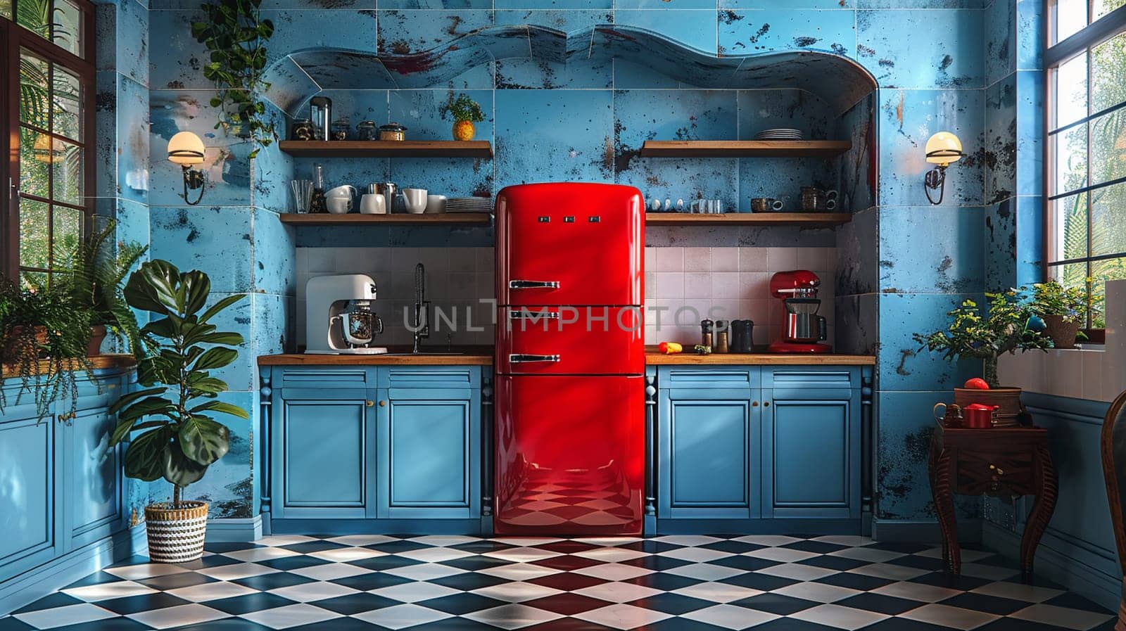 Vintage diner-inspired kitchen with checkered floors and retro appliances by Benzoix