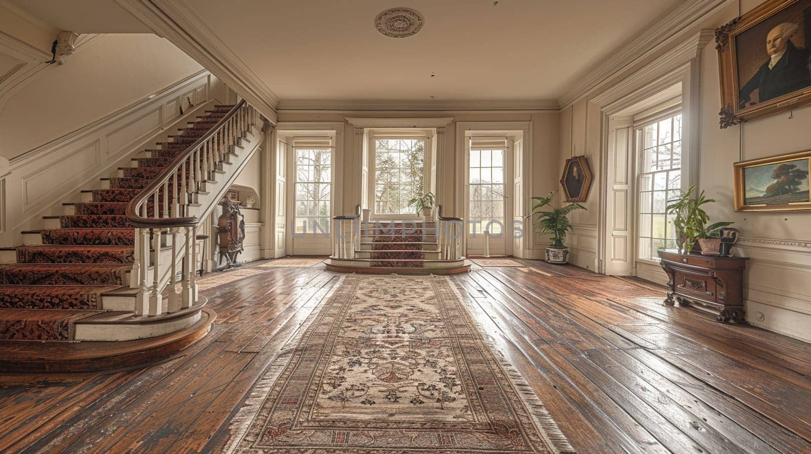 Classic Georgian-style foyer with a grand staircase and detailed moldings by Benzoix