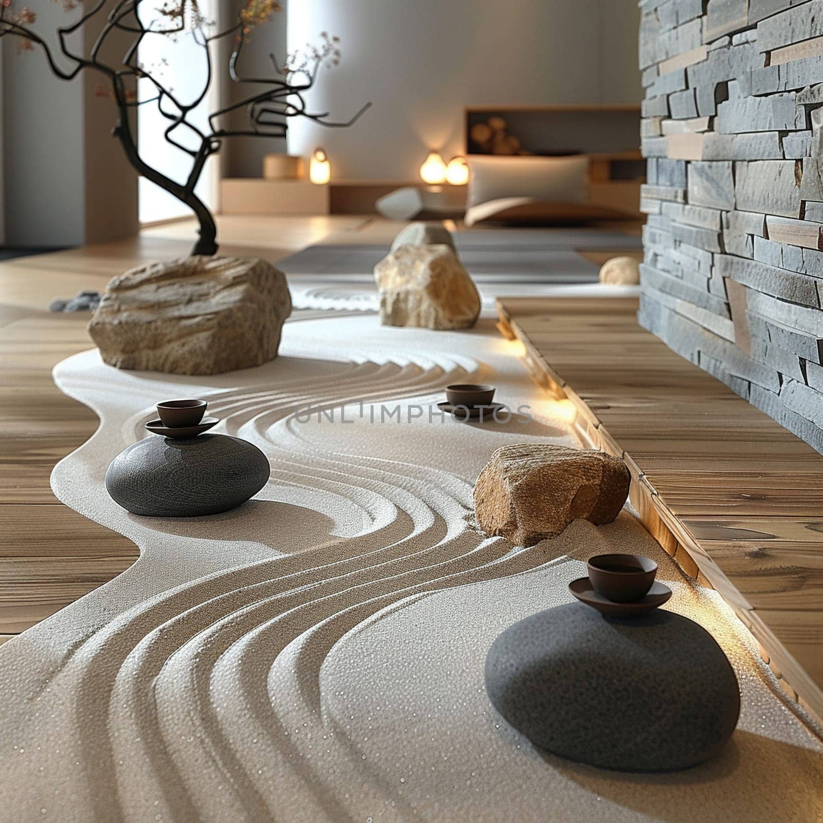 Minimalist Zen garden with raked sand and simple, natural elements