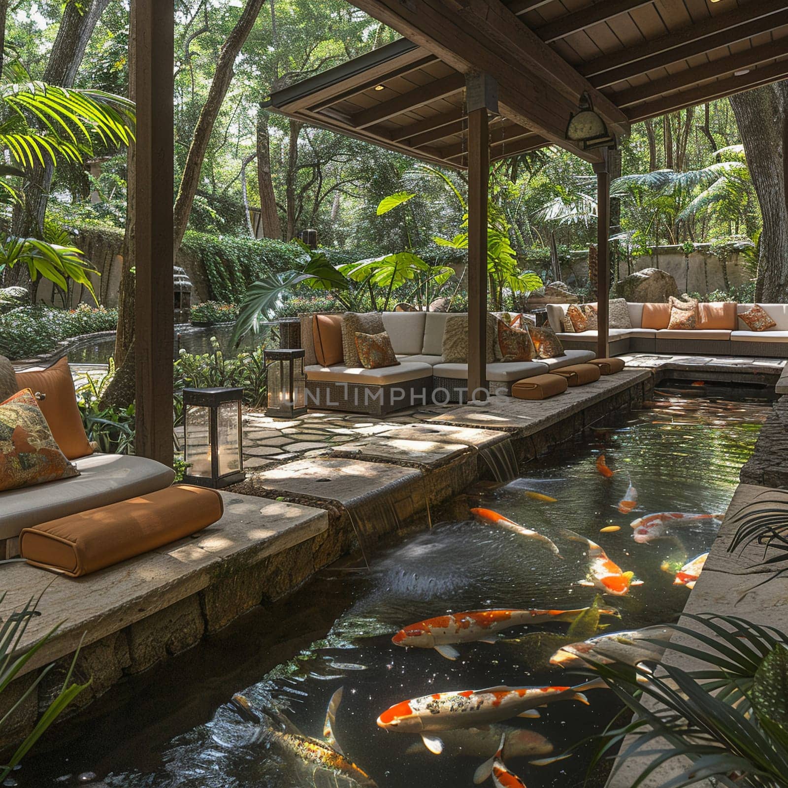 Tranquil koi pond with a surrounding sitting area and lush landscaping