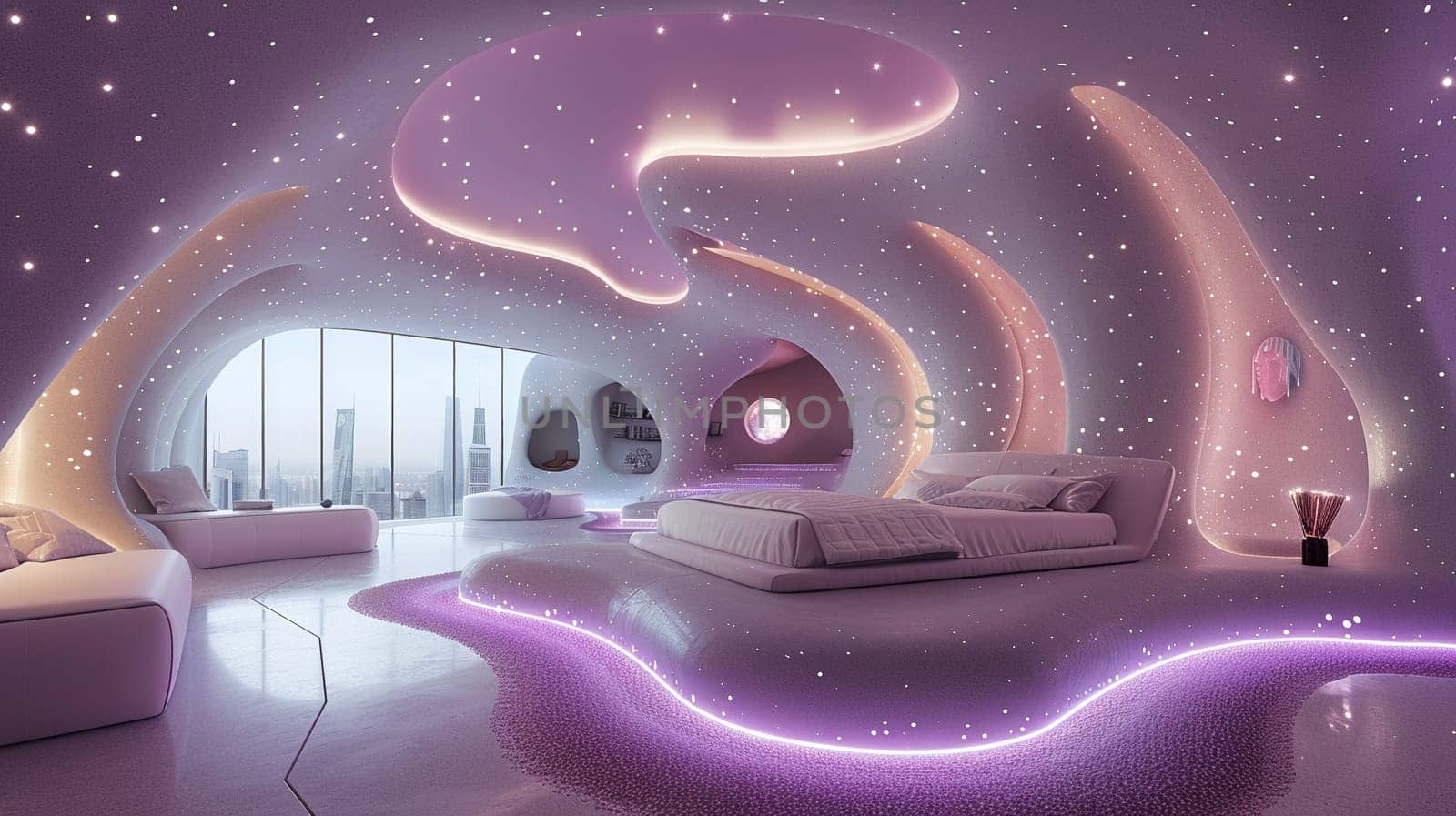 Futuristic bedroom with dynamic lighting and modular furniture by Benzoix