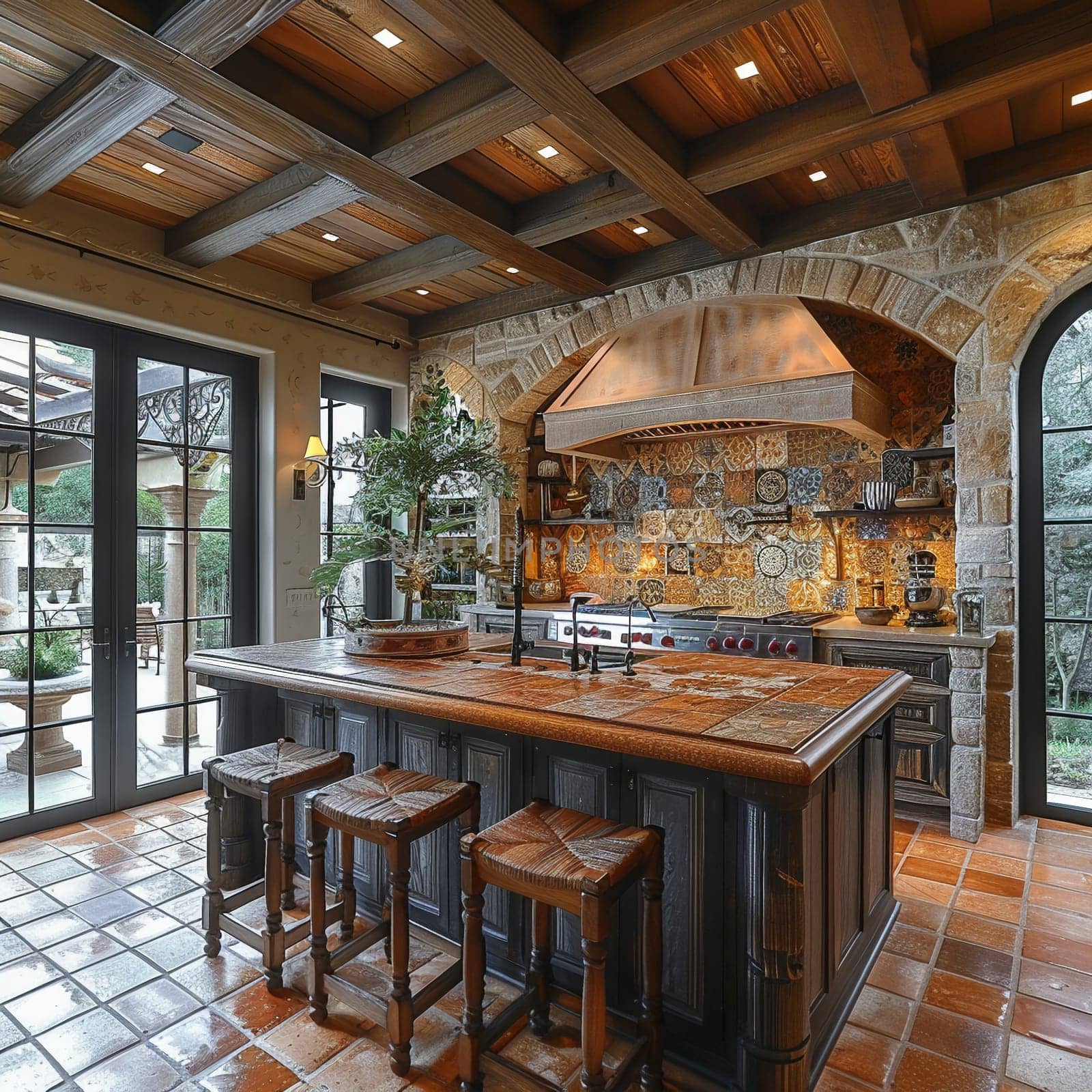 Mediterranean-style kitchen with terracotta tiles and iron accents