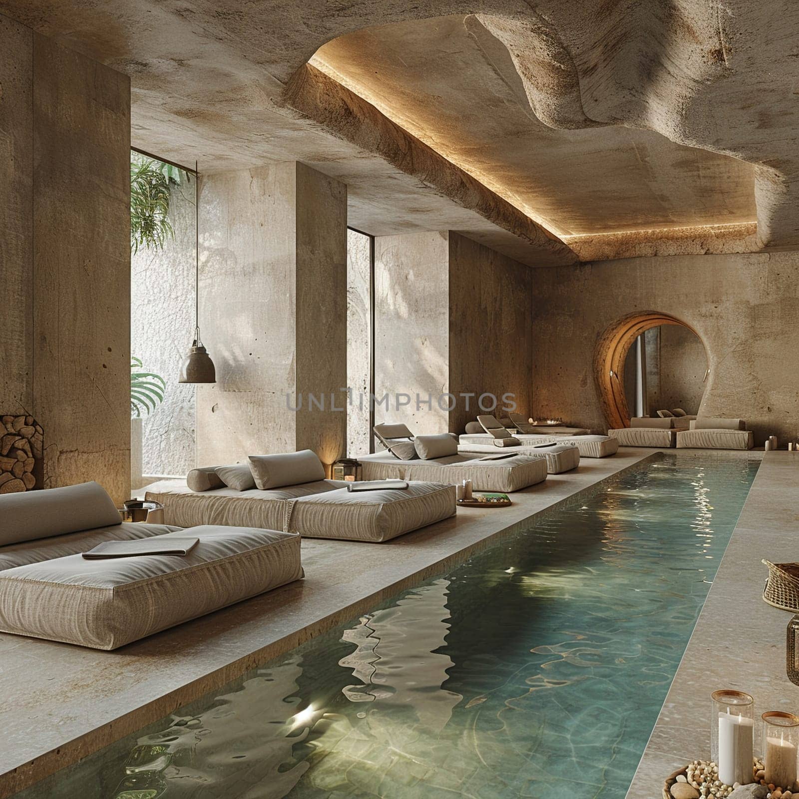 Luxurious spa with a serene pool area and relaxation lounges by Benzoix