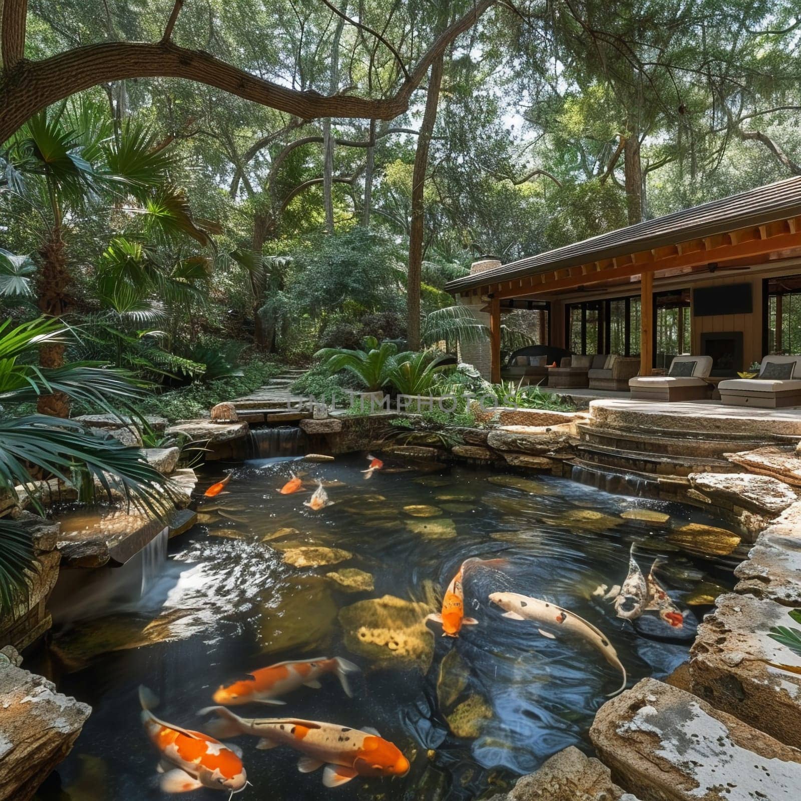 Tranquil koi pond with a surrounding sitting area and lush landscaping by Benzoix
