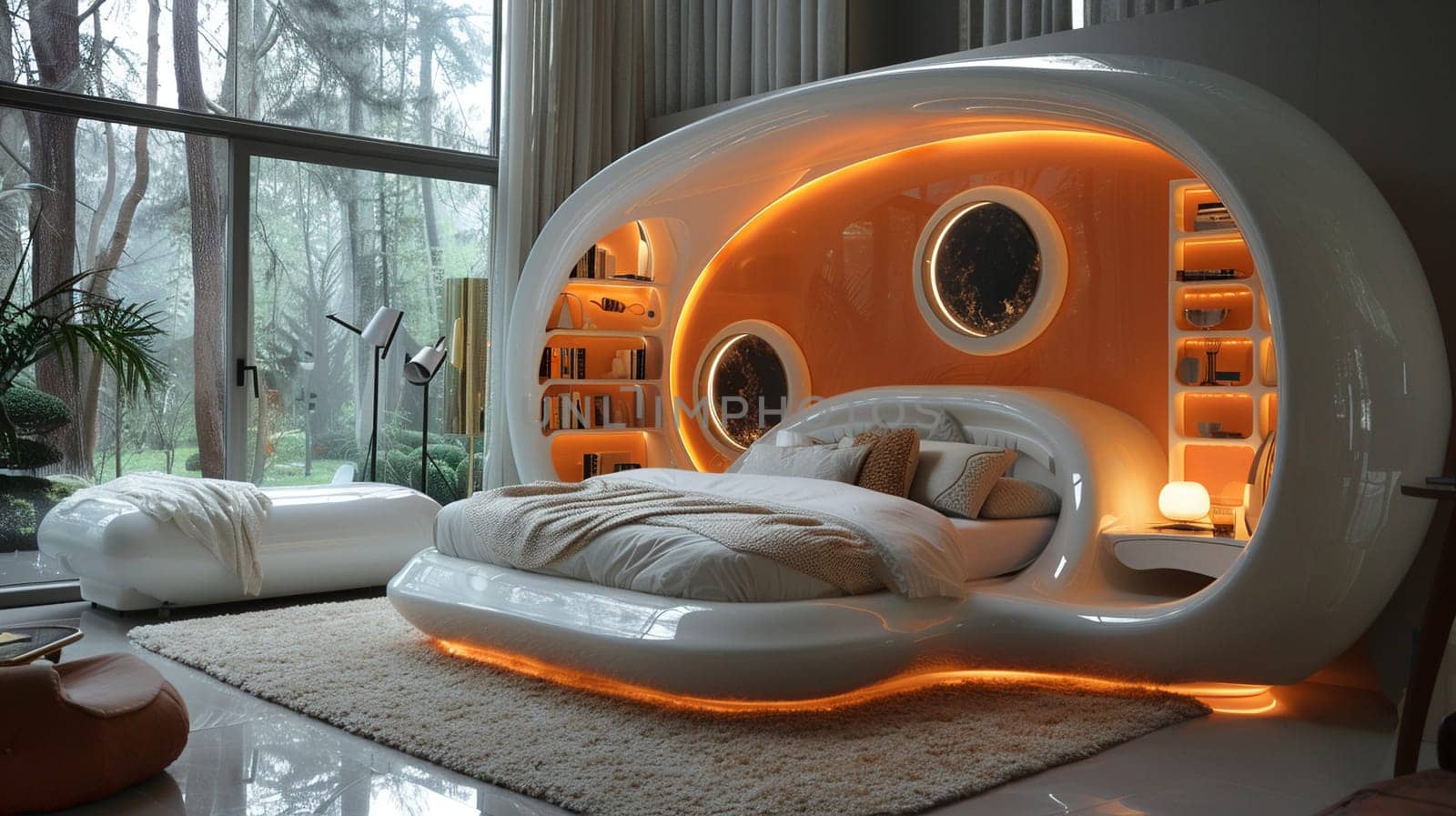 Futuristic bedroom with dynamic lighting and modular furniture by Benzoix
