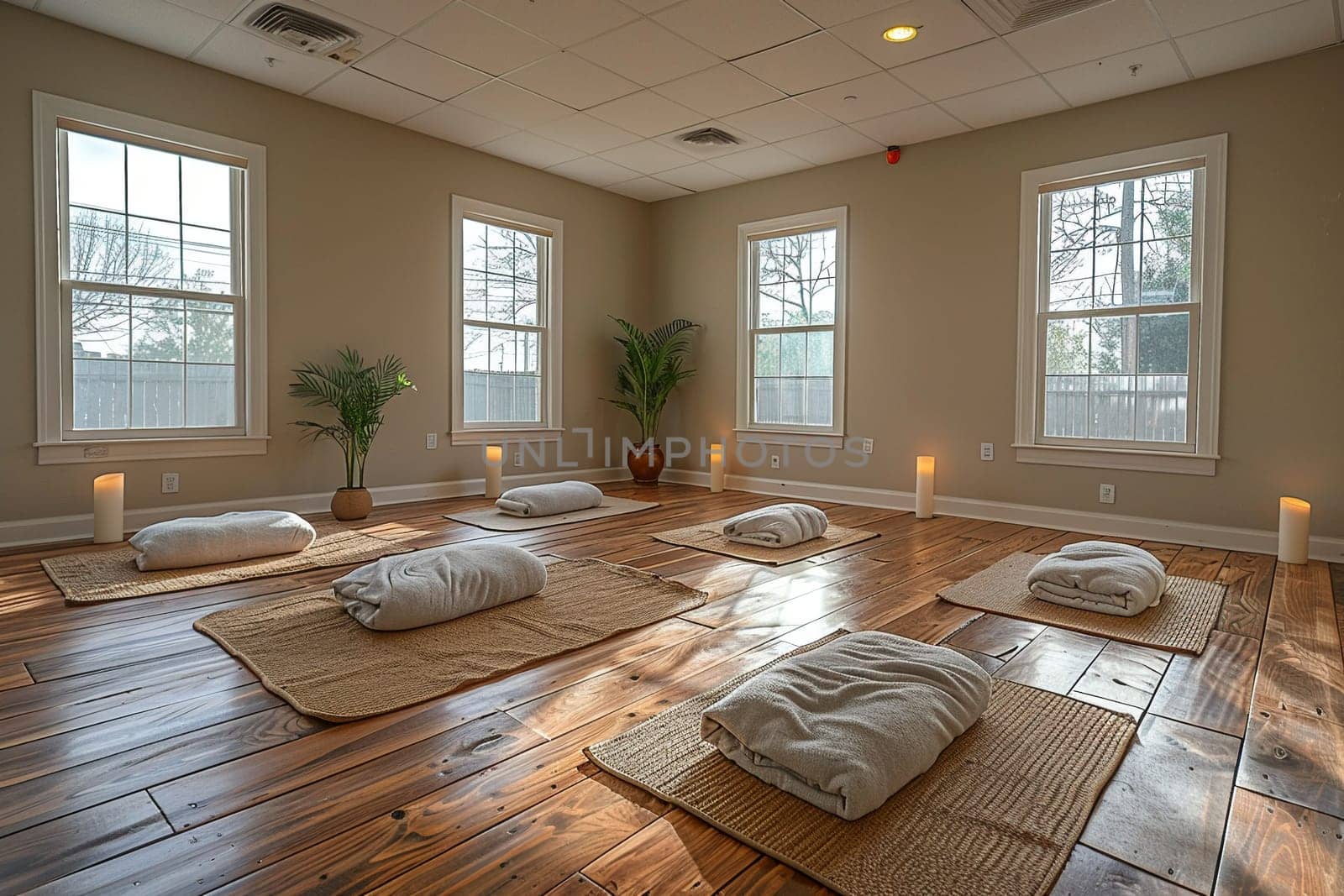 Peaceful yoga studio with natural wood floors and calming colors by Benzoix