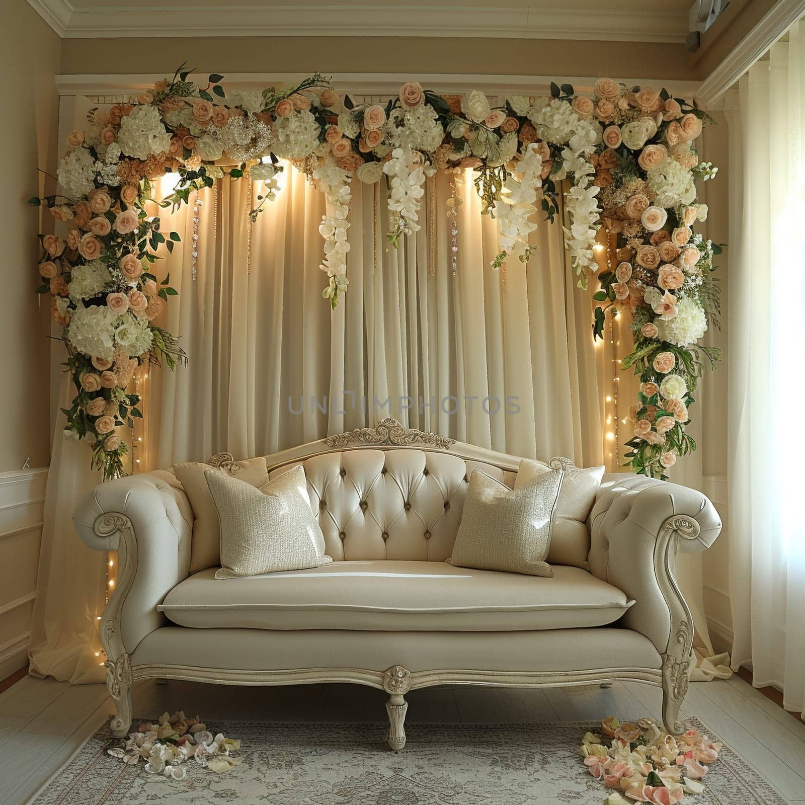 Elegant bridal suite with soft lighting and delicate decor by Benzoix