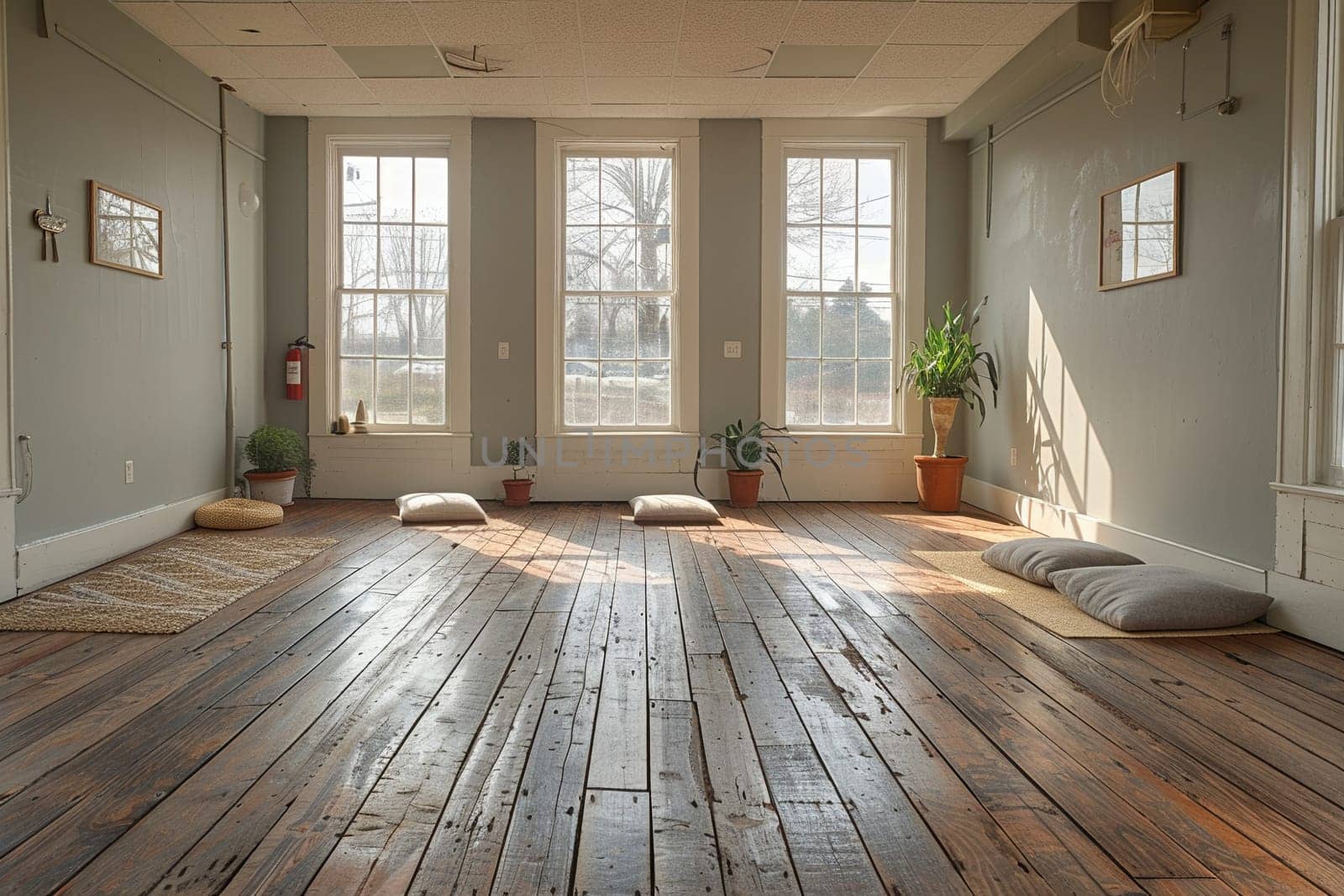 Peaceful yoga studio with natural wood floors and calming colors