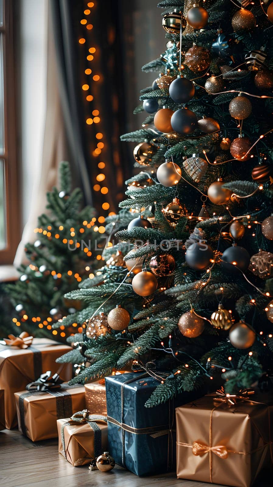 A beautifully decorated Christmas tree adorned with ornaments and lights, standing tall in a cozy living room with presents neatly arranged underneath